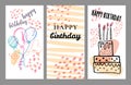 Set of color birthday card rectangular templates. Hand drawn cartoon vector sketch illustration with cake and balloons